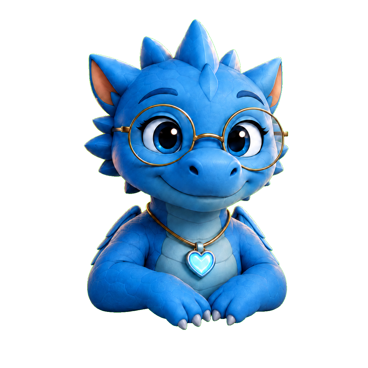 Ari’el, a blue dragon with glasses and a heart pendant