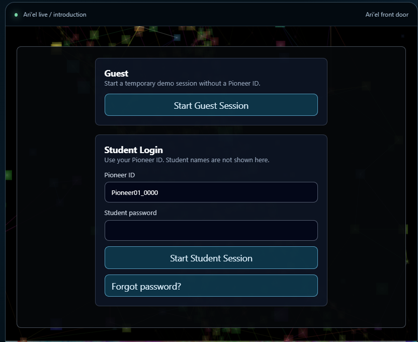 Screenshot of Ari’el’s earlier entrance with Guest and login options. Open the actual application to interact.